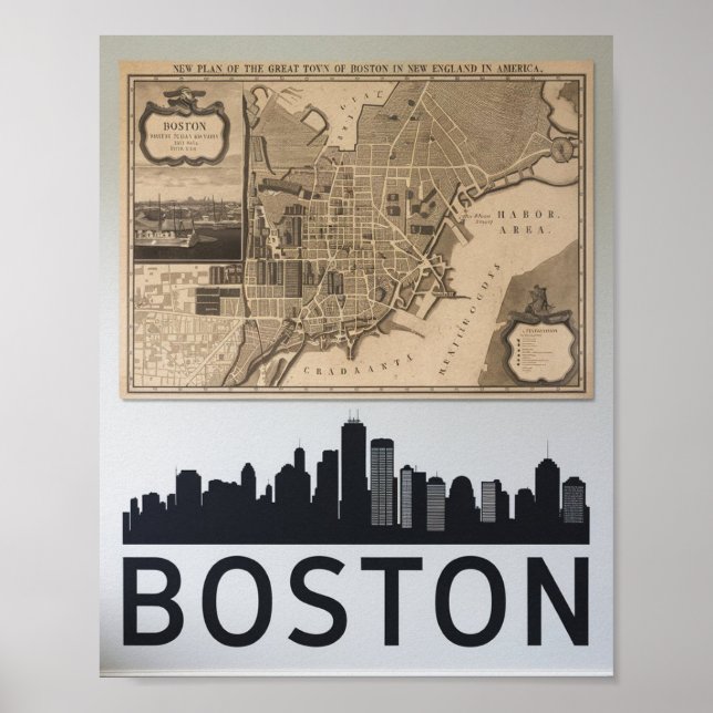 Boston Massachusetts City Skyline mit Kartenplakat Poster (Vorne)