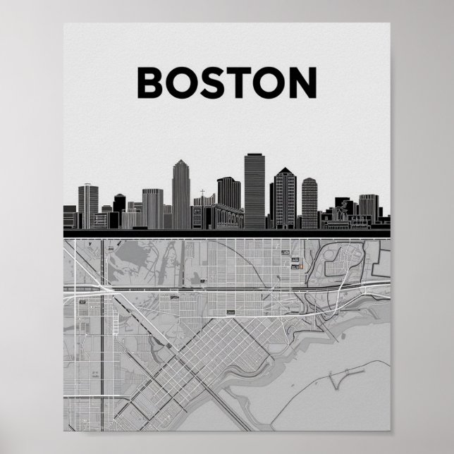 Boston Massachusetts City Skyline mit Kartenplakat Poster (Vorne)