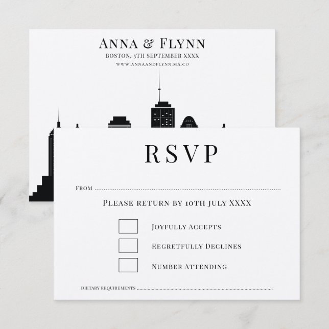 Boston Massachusetts City Skyline Wedding RSVP Inv Einladung (Vorne/Hinten)