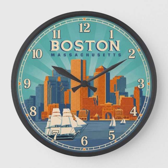 Boston Massachusetts Harbor Skyline Große Wanduhr (Vorderseite)