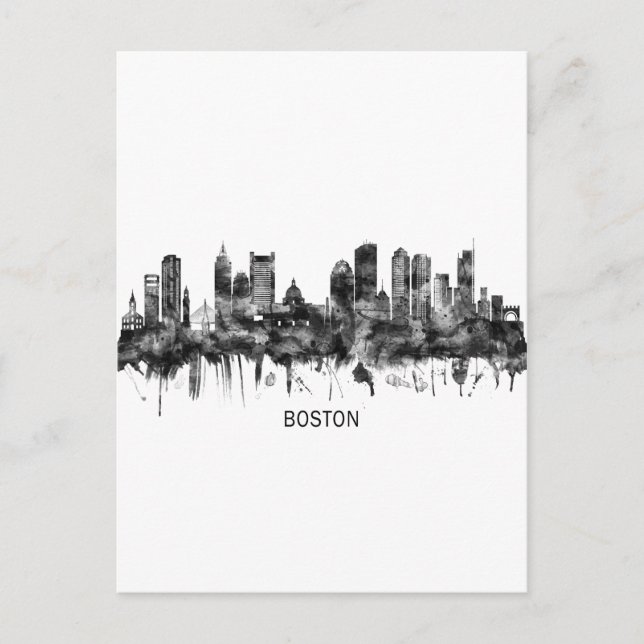 Boston Massachusetts Skyline BW Feiertagspostkarte (Vorderseite)