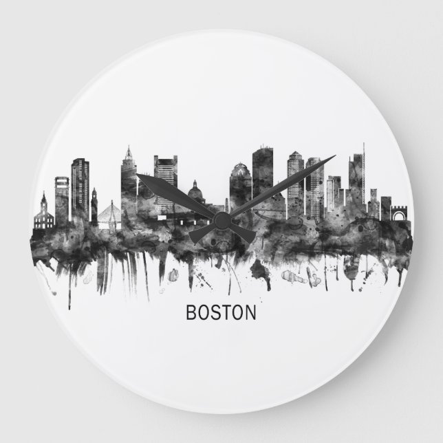 Boston Massachusetts Skyline BW Große Wanduhr (Vorderseite)