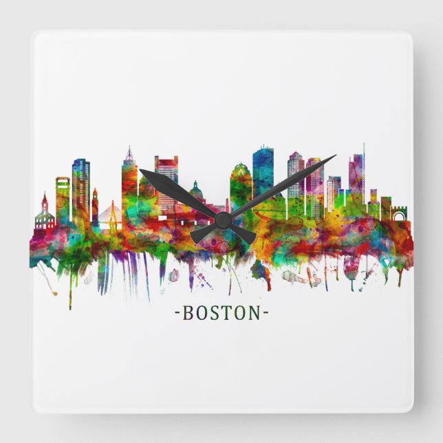 Boston Massachusetts Skyline Quadratische Wanduhr (Vorderseite)