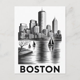 Boston Massachusetts Skyline Schwarz-Weiß-Holzschn Postkarte