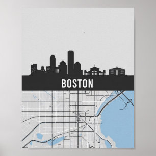 Boston Massachusetts Stadt-Skyline mit Karte Poster