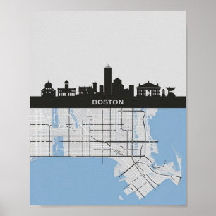 Boston Massachusetts Stadt-Skyline mit Karte Poster