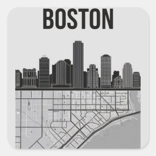 Boston Massachusetts Stadt-Skyline mit Karte Quadratischer Aufkleber