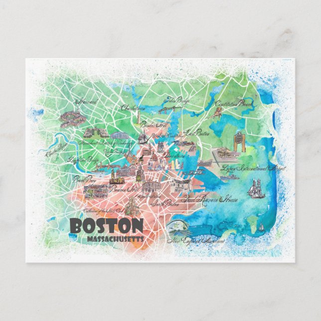 Boston Massachusetts USA Illustriert Map & roads Postkarte (Vorderseite)