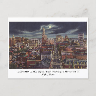 Boston MD Skyline at Night 1940 carte postale vint