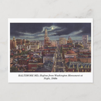 Boston MD Skyline at Night 1940 carte postale vint