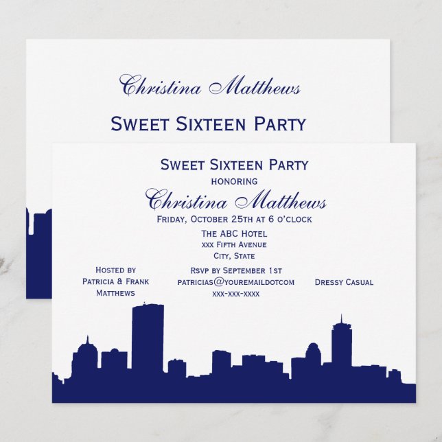 Boston Navy Skyline Silhouette Sweet 16 Party Einladung (Vorne/Hinten)