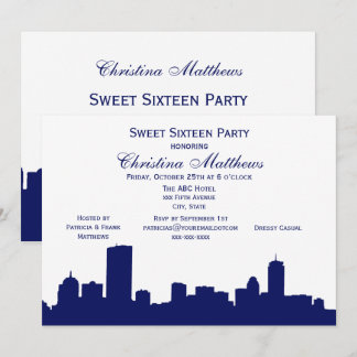 Boston Navy Skyline Silhouette Sweet 16 Party Einladung