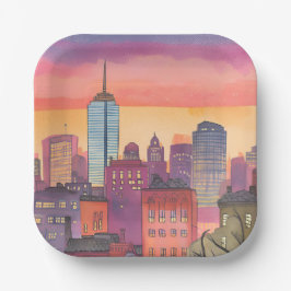 Boston North End Aquarell MA-Stadtansicht Pappteller