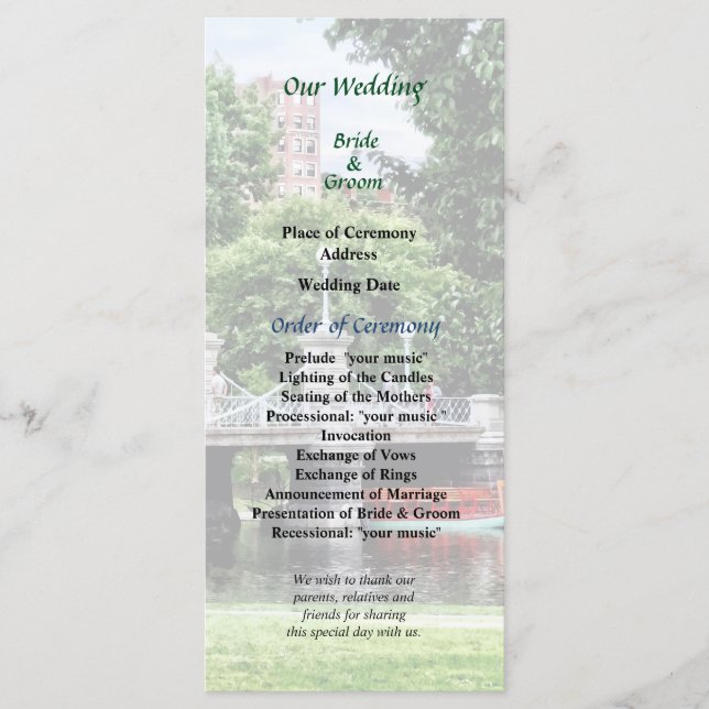 Boston Public Garden Bridge Programme de mariage (Devant)