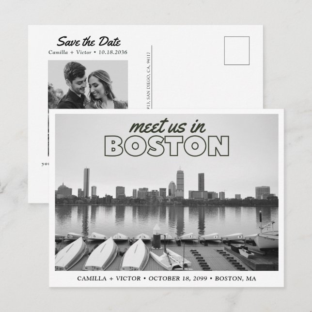 Boston Save the Date Retro Skyline Postcard Postkarte (Vorne/Hinten)