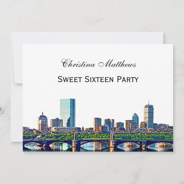 Boston Skyline #2Col Sweet 16 Party Einladung (Rückseite)
