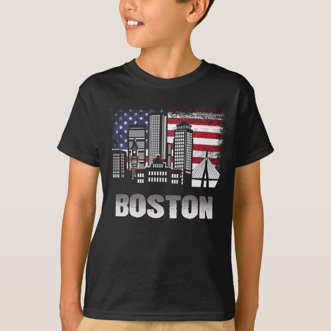 Boston Skyline American Flag T - Shirt (Vorderseite)
