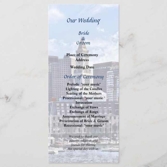 Boston Skyline Avec Programme De Mariage Personnal (Devant)