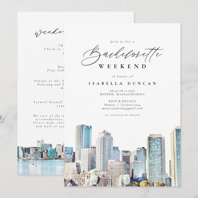 BOSTON Skyline Bachelorette Weekend Tour Einladung (Vorne/Hinten)
