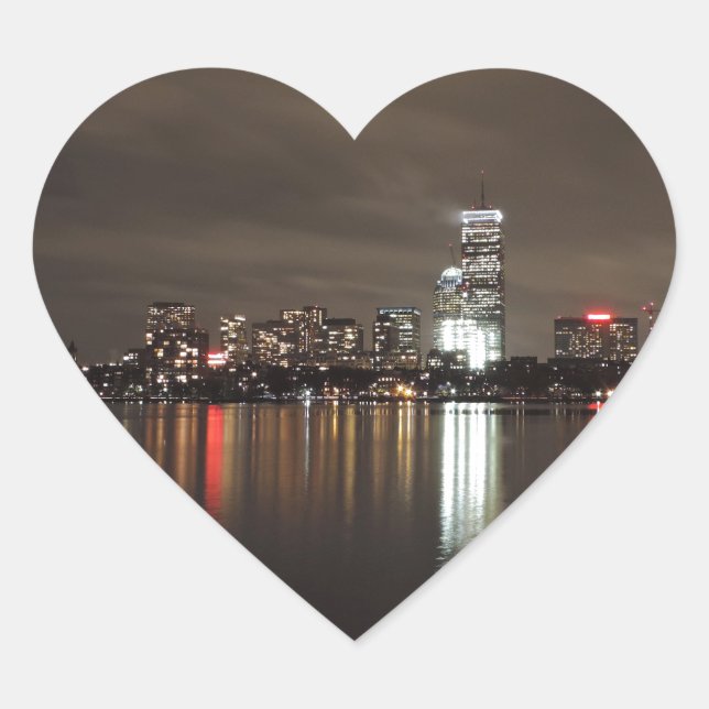 Boston Skyline bei Nacht Herz-Aufkleber (Vorderseite)