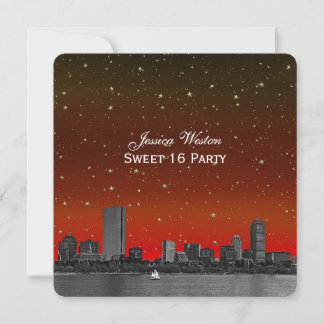 Boston Skyline Blue Starry Etched Sweet 16 Einladung