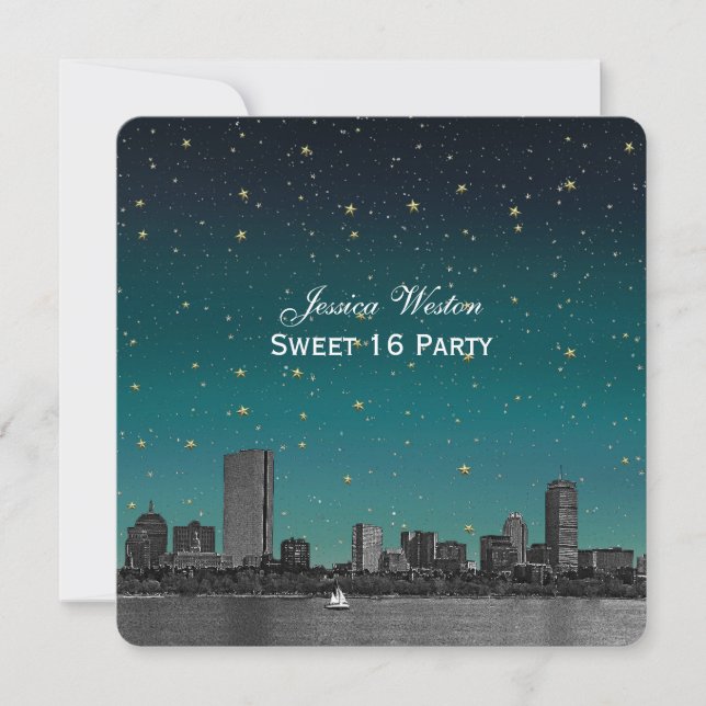 Boston Skyline Blue Starry Etched Sweet 16 Einladung (Vorderseite)