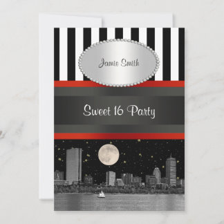 Boston Skyline BW Blk Wht Strp Red Sweet 16 Party Einladung