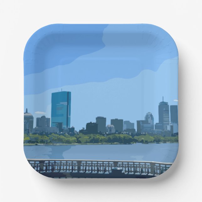 Boston Skyline Charles River Painting Pappteller (Vorderseite)