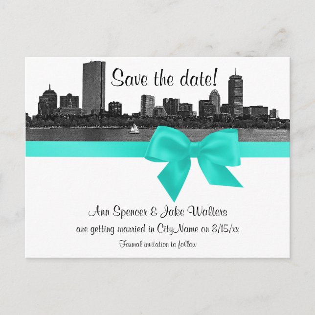Boston Skyline Etched BW Aqua Save the Date Ankündigungspostkarte (Vorderseite)
