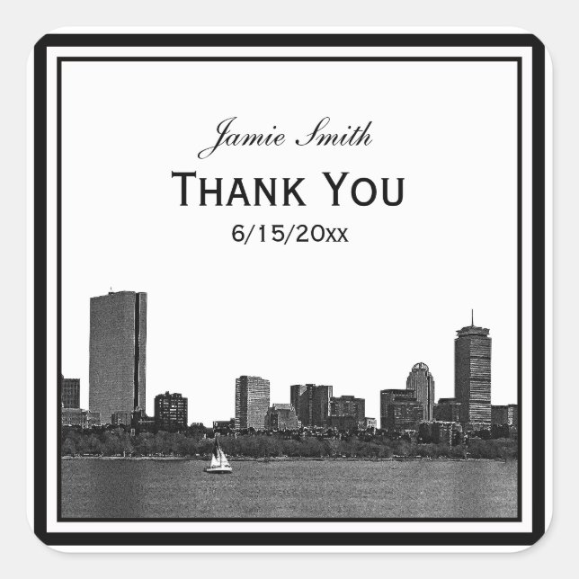 Boston Skyline Etched Gerahmt Danke Quadratischer Aufkleber (Vorderseite)