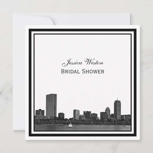 Boston Skyline Etched Gerahmt L Brautparty Einladung (Vorderseite)