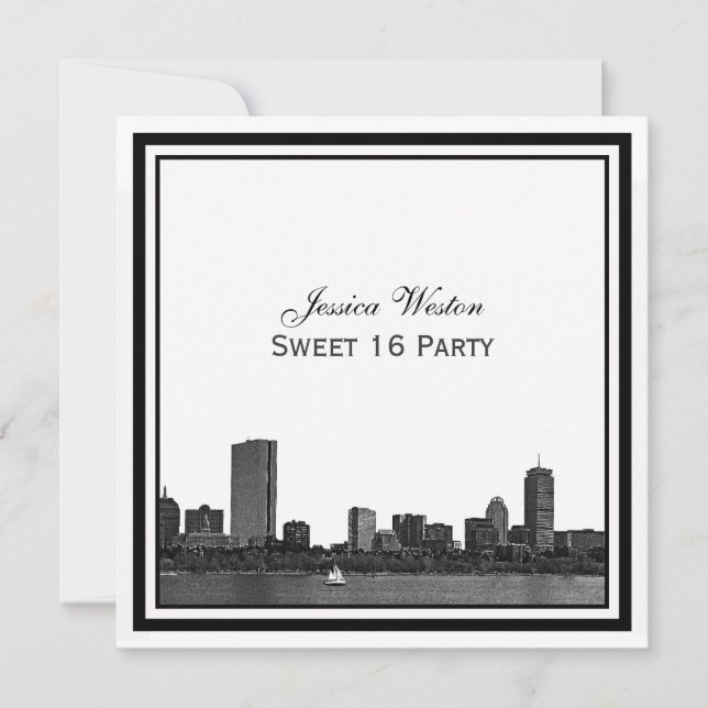 Boston Skyline Etched Gerahmt Sweet 16 Einladung (Vorderseite)