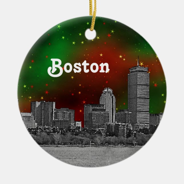 Boston Skyline Etched Green Red Starry Sky Xmas Keramikornament (Vorne)