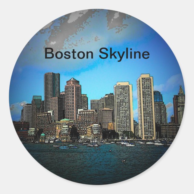 Boston Skyline Foto Art Zeichnend Runder Aufkleber (Vorderseite)