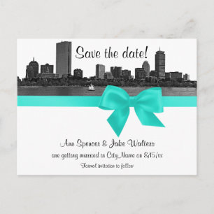 Boston Skyline geätzt BW Aqua Save the Date Ankündigungspostkarte