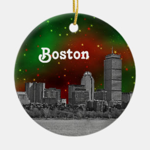 Boston Skyline Gravur Grün Rote Sterne Weihnachten Keramikornament