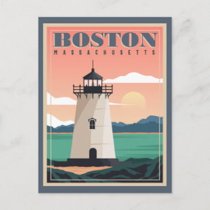 Boston Skyline & Lighthouse   Massachusetts Postkarte