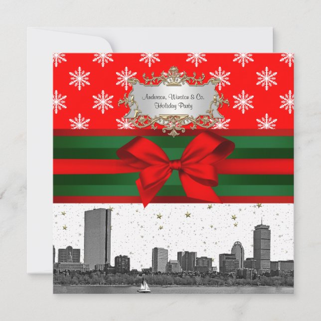 Boston Skyline Red Snowflake Weihnachten Einladung (Vorderseite)