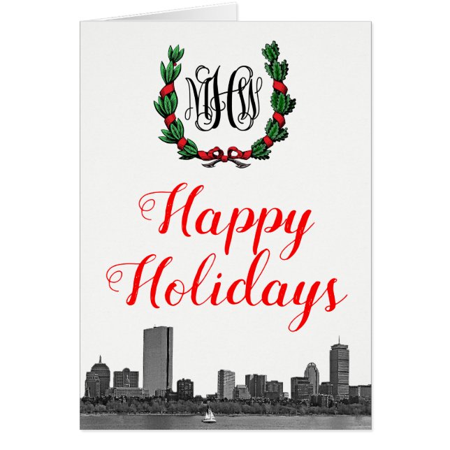 Boston Skyline Weihnachts-Wreath Happy Holidays (Vorne)