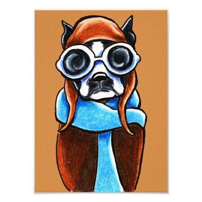 Boston Terrier Aviator Ink Pencil Zeichnend Fotodruck (Vorne)