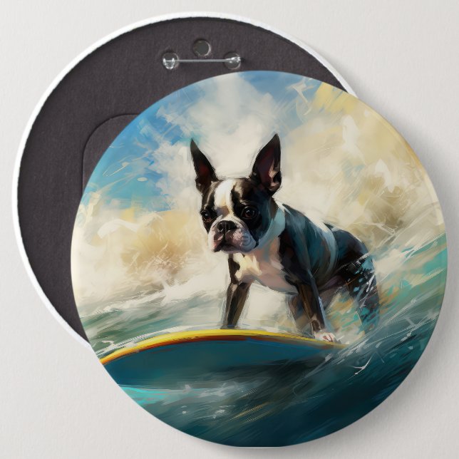 Boston Terrier Beach Surfainting Button (Vorne & Hinten)