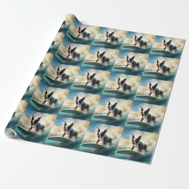 Boston Terrier Beach Surfainting Geschenkpapier (Ungerollt)