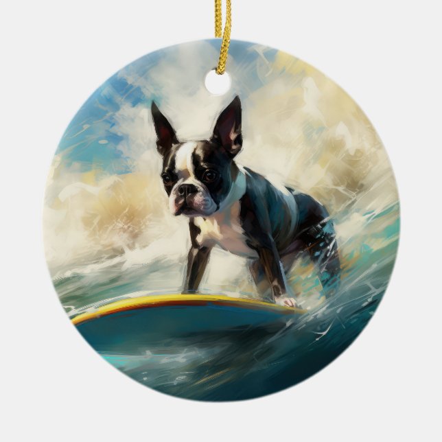 Boston Terrier Beach Surfainting Keramik Ornament (Vorne)