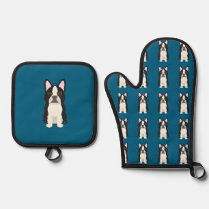 Boston Terrier blau Ofenhandschuh & Topflappen-Set
