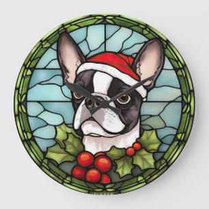 Boston Terrier Buntglas Weihnachten Große Wanduhr