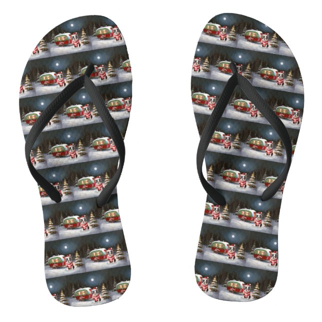 Boston Terrier Caravan Christmas Adventure Flip Flops (Fußbett)