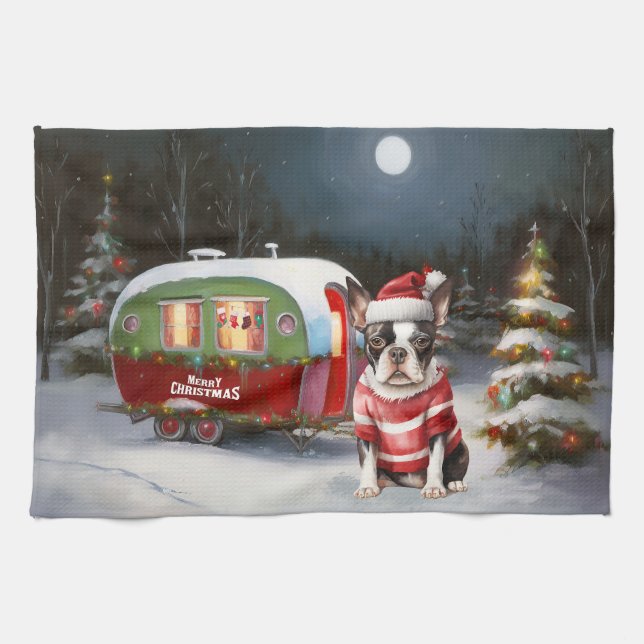 Boston Terrier Caravan Christmas Adventure Geschirrtuch (Horizontal)