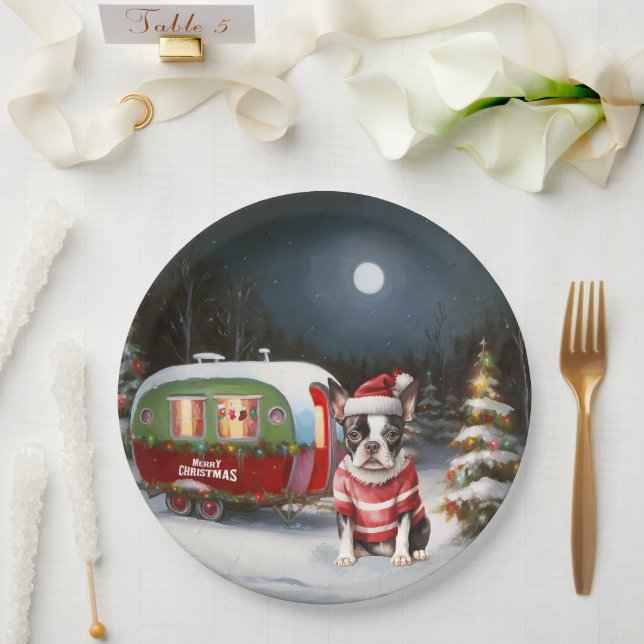 Boston Terrier Caravan Christmas Adventure Pappteller (Hochzeit)