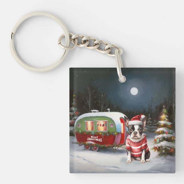 Boston Terrier Caravan Christmas Adventure Schlüsselanhänger (Vorderseite)