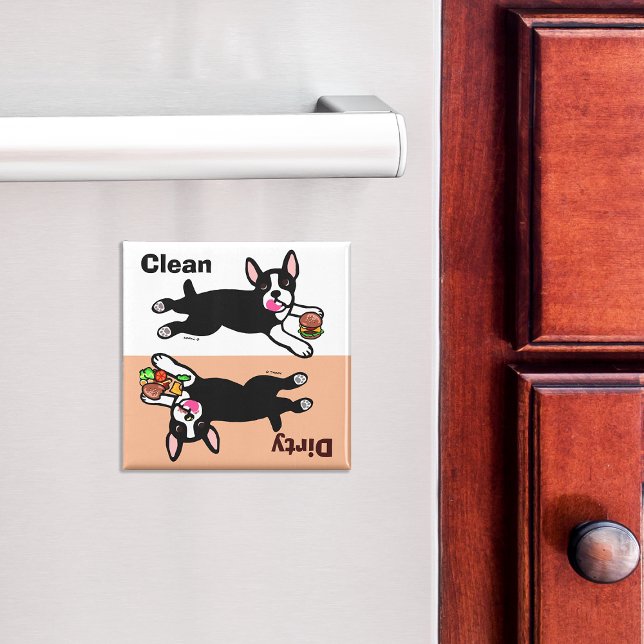 Boston Terrier Cartoon Dirty / Clean Magnet (Cute Boston Terrier Cartoon Dishwasher Magnet.)